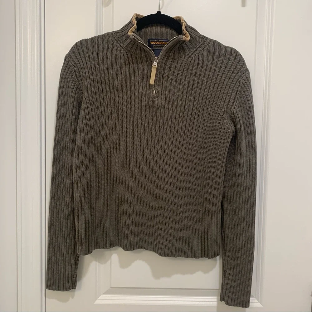 Woolrich Vintage Women's Green w/ Tan Trim 1/4 Zip Pullover Sweater Size Small